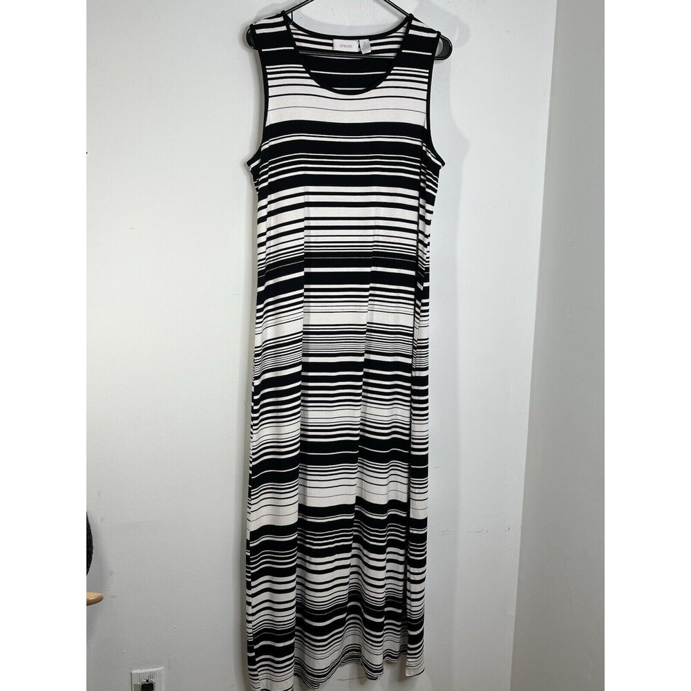 Chicos Stripes Art Print 2 L 10 12 Black White Geometric Maxi Dress (11)